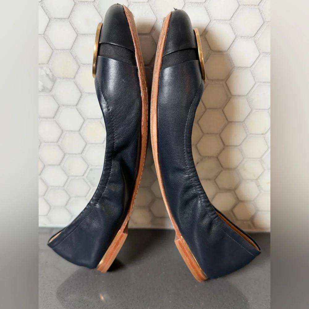 Tory Burch Minnie Cap Toe Travel Ballet Flats in Navy & Black Sz 7.5 EUC